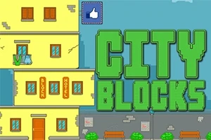 Hình ảnh với tiêu đề CITY BLOCKS màu xanh lá cây nổi bật bên cạnh tòa nhà màu vàng với cửa sổ và cửa ra vào, nền là bầu trời xanh và vạch đường