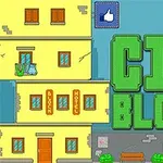 Hình ảnh với tiêu đề CITY BLOCKS màu xanh lá cây nổi bật bên cạnh tòa nhà màu vàng với cửa sổ và cửa ra vào, nền là bầu trời xanh và vạch đường