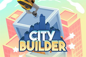 Cánh tay máy xây dựng đặt cấu trúc xây dựng trên nền thành phố với chữ City Builder ở phía trước