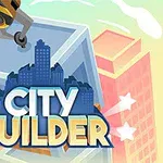 Cánh tay máy xây dựng đặt cấu trúc xây dựng trên nền thành phố với chữ City Builder ở phía trước