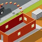 Xe tải chở gạch và công trình xây dựng dang dở với tường gạch đỏ và nền móng bê tông