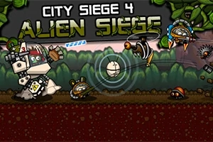 Một robot lớn đang chiến đấu với các sinh vật ngoài hành tinh, trên nền rừng và chữ City Siege 4: Alien Siege