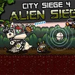 Một robot lớn đang chiến đấu với các sinh vật ngoài hành tinh, trên nền rừng và chữ City Siege 4: Alien Siege