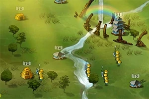 Bản đồ với cây cối, dòng sông chảy qua, các công trình kiến trúc và nhân vật nhỏ đang đứng thành hàng trên nền cỏ
