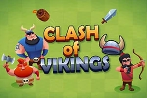 Ba chiến binh Viking với vũ khí và dòng chữ Clash of Vikings trên nền màu xanh lá cây