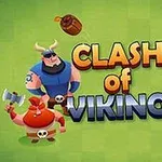 Ba chiến binh Viking với vũ khí và dòng chữ Clash of Vikings trên nền màu xanh lá cây