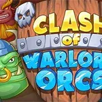 Biểu tượng gồm các chữ lớn Clash of Warlord Orcs trên nền một tấm gỗ, xung quanh có hình ảnh orc và quái vật với màu sắc sặc sỡ