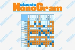 Bảng câu đố Nonogram với lưới ô vuông màu cam và xanh dương, kèm theo các con số hướng dẫn