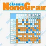 Bảng câu đố Nonogram với lưới ô vuông màu cam và xanh dương, kèm theo các con số hướng dẫn