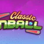 Chữ Classic Pinball màu sắc nổi bật trên nền màu tím và xanh, kèm hai cánh vợt pinball hai bên