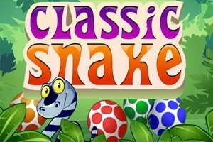Minh họa hình ảnh rắn vằn đen trắng trước biển chữ Classic Snake cùng ba quả trứng màu sắc sặc sỡ trong bối cảnh rừng xanh