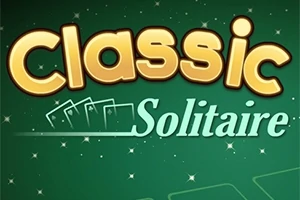 Chữ Classic Solitaire màu vàng và xanh nhạt trên nền xanh lục với hình ảnh lá bài mờ phía sau