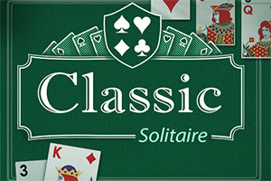 Hình ảnh chứa tiêu đề Classic Solitaire trên nền xanh lá cây với biểu tượng các quân bài và một vài lá bài như K, Q, và 3 được hiển thị xung quanh