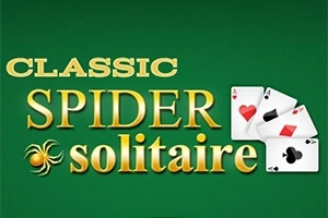 Nền màu xanh lá cây với chữ Classic Spider Solitaire màu vàng và hình ảnh ba lá bài quân át