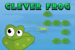 Hình ảnh chú ếch xanh dễ thương đang bơi giữa những tán lá trên mặt nước với chữ CLEVER FROG lớn phía trên