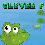 Hình ảnh chú ếch xanh dễ thương đang bơi giữa những tán lá trên mặt nước với chữ CLEVER FROG lớn phía trên