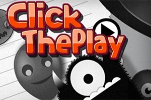 Chữ Click The Play màu đỏ nổi bật trên nền đen trắng với các nhân vật hoạt hình mặt cười và một mũi tên play