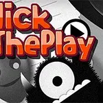 Chữ Click The Play màu đỏ nổi bật trên nền đen trắng với các nhân vật hoạt hình mặt cười và một mũi tên play