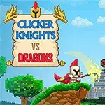 Hiệp sĩ mặc giáp đỏ tấn công một con rồng trên nền cảnh pixel với lâu đài và cỏ xanh