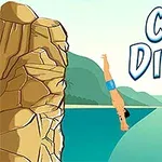 Người đang nhảy từ vách đá xuống nước xanh với dòng chữ Cliff Diving bên cạnh