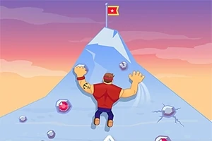 Một nhân vật hoạt hình đang leo núi băng với lá cờ đỏ trên đỉnh, xung quanh có nhiều viên đá quý
