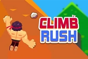 Một nhân vật cơ bắp đang leo núi và dòng chữ CLIMB RUSH nổi bật bên cạnh