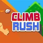 Một nhân vật cơ bắp đang leo núi và dòng chữ CLIMB RUSH nổi bật bên cạnh