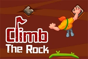 Một nhân vật đang leo núi với tay bám vào mỏm đá, nền màu nâu và chữ Climb The Rock