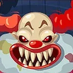 Chú hề với mái tóc đỏ xoăn và khuôn mặt dữ tợn, miệng mở rộng để lộ hàm răng sắc nhọn, nền tối màu xanh