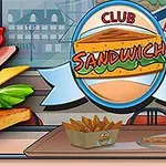Một chiếc bánh sandwich nhiều tầng với thịt nguội, rau diếp và phô mai ở góc trái, bên cạnh logo Club Sandwich và một hộp khoai tây chiên trên bàn