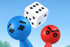 Hai hình người màu xanh và đỏ với biểu tượng dấu cộng và dấu chia trên mặt, bên cạnh một con xúc xắc trắng có chấm đen trên nền trời xanh