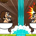 Hai nhân vật hoạt hình ngồi trên bồn cầu, một người bị dừa rơi trúng đầu, với dòng nước màu xanh chia đôi hình ảnh