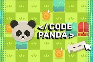 Panda hoạt hình và rương kho báu trên nền ô vuông xanh với dòng chữ /CODE PANDA/ nổi bật