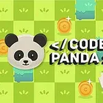 Panda hoạt hình và rương kho báu trên nền ô vuông xanh với dòng chữ /CODE PANDA/ nổi bật