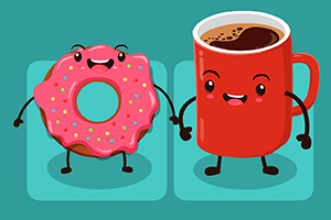 Hình ảnh mô tả một chiếc bánh donut màu hồng và một cốc cà phê đỏ, cả hai đều có khuôn mặt hoạt hình vui vẻ và đang nắm tay nhau