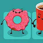 Hình ảnh mô tả một chiếc bánh donut màu hồng và một cốc cà phê đỏ, cả hai đều có khuôn mặt hoạt hình vui vẻ và đang nắm tay nhau
