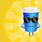 Một cốc màu xanh với nắp trắng đeo kính râm, đứng trên nền màu vàng với các tia sáng và ngôi sao xung quanh