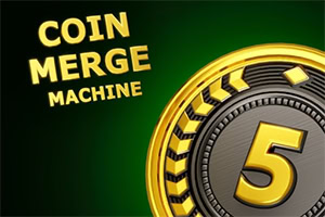 Đồng xu vàng lớn có số 5 trên nền xanh đậm, kèm dòng chữ COIN MERGE MACHINE