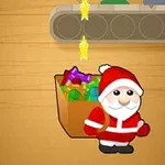 Ông già Noel đứng cạnh túi quà đầy màu sắc với các ngôi sao sáng phía trên