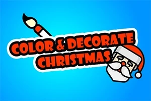 Chữ Color & Decorate Christmas màu đỏ trên nền xanh, kèm hình đầu ông già Noel và bút vẽ