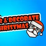 Chữ Color & Decorate Christmas màu đỏ trên nền xanh, kèm hình đầu ông già Noel và bút vẽ
