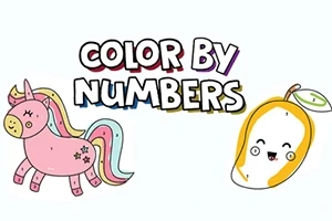 Chú ngựa một sừng màu hồng và quả xoài có khuôn mặt vui vẻ bên dưới dòng chữ Color by Numbers