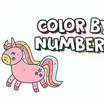 Chú ngựa một sừng màu hồng và quả xoài có khuôn mặt vui vẻ bên dưới dòng chữ Color by Numbers