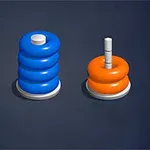 Ba cọc đứng trên nền tối với các vòng tròn màu cam và xanh dương xếp trên cọc ở giữa