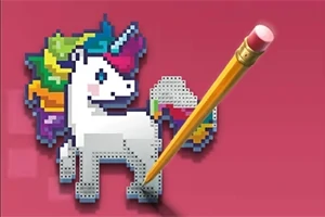 Kỳ lân pixel màu trắng với bờm và đuôi cầu vồng trên nền hồng, bên cạnh là một cây bút chì vàng