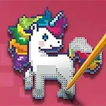 Kỳ lân pixel màu trắng với bờm và đuôi cầu vồng trên nền hồng, bên cạnh là một cây bút chì vàng