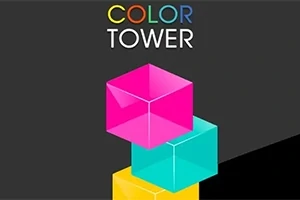 Các khối lập phương màu sắc xếp chồng lên nhau trên nền tối với chữ Color Tower phía trên
