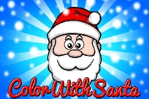 Ông già Noel với nón đỏ trên nền xanh và chữ Color With Santa màu đỏ