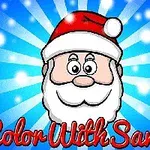 Ông già Noel với nón đỏ trên nền xanh và chữ Color With Santa màu đỏ