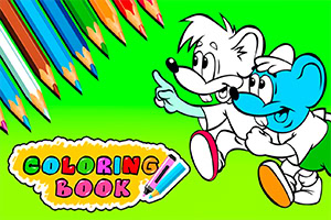 Hình ảnh hai nhân vật hoạt hình dễ thương đang cầm bút màu bên cạnh dòng chữ Coloring Book